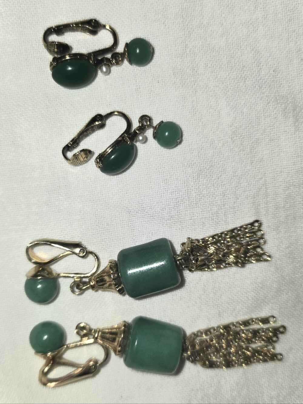 Vintage Green Earrings Lot, 1960s Faux Jade Pearl Drops + 1970s Gold Tassel
